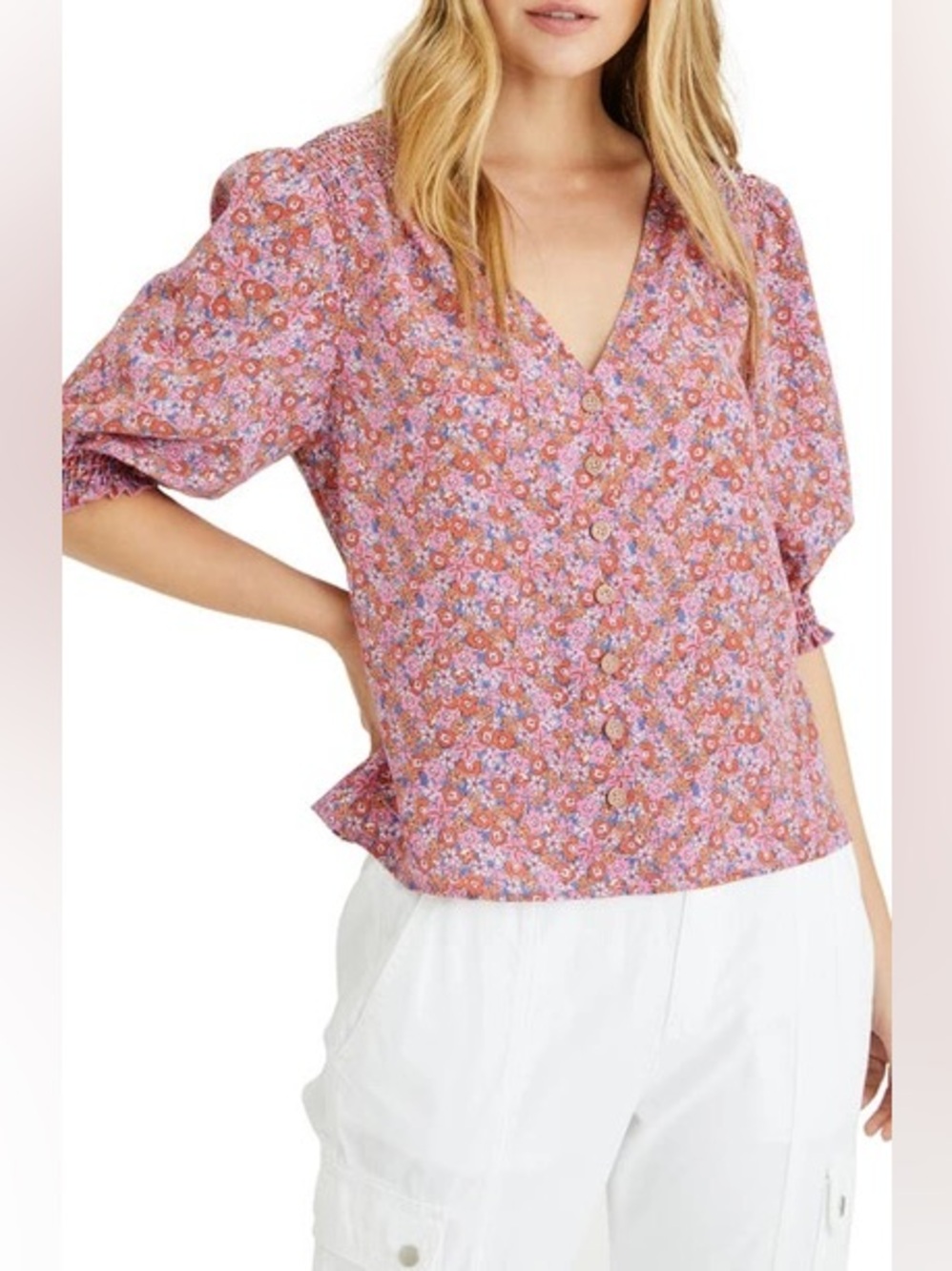 Sanctuary Pink and Orange Floral Button-Front Blouse